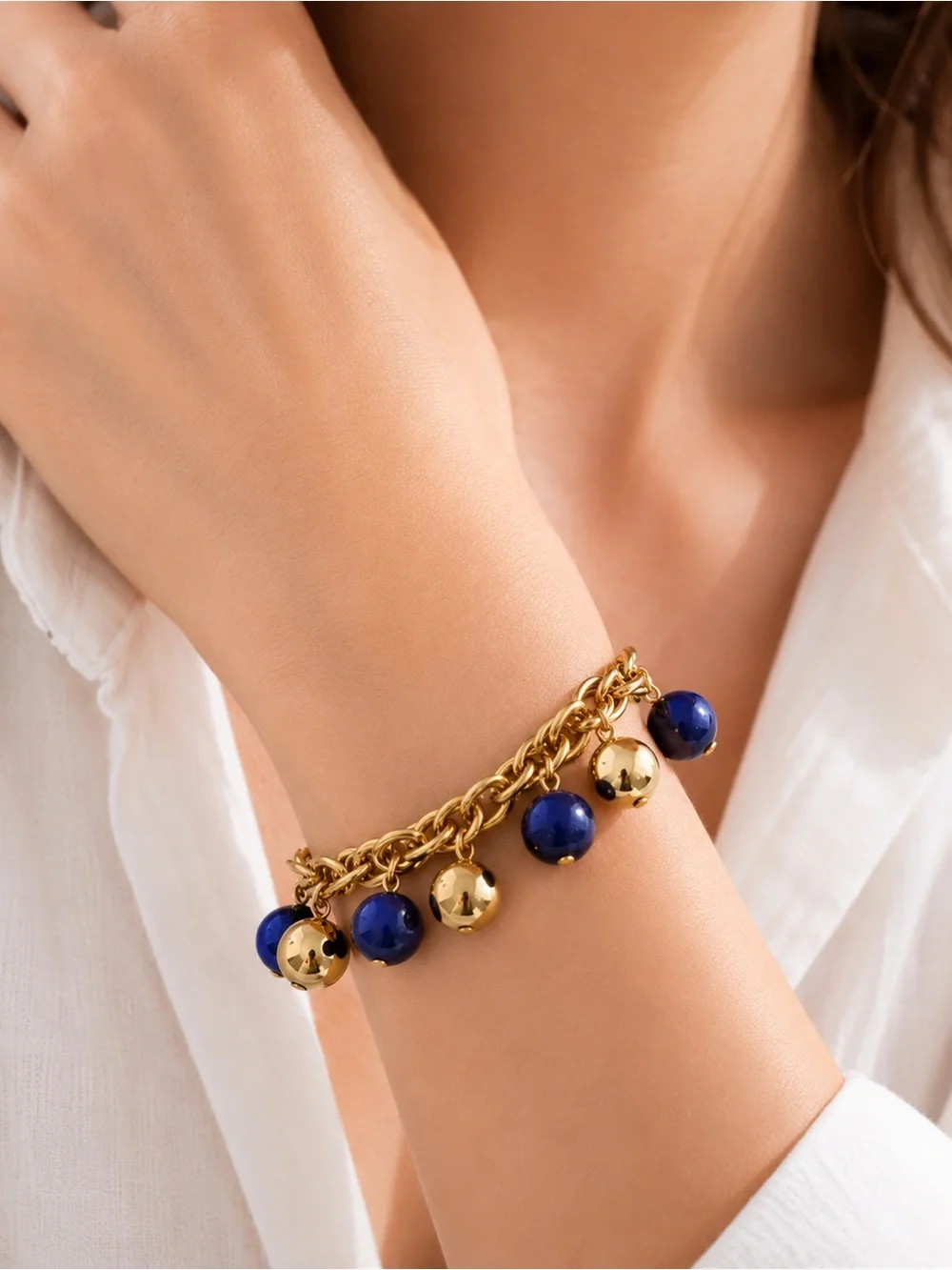 Talbots Gold Tone & Navy Charm Bracelet Statement Chain Coastal Chic NWT